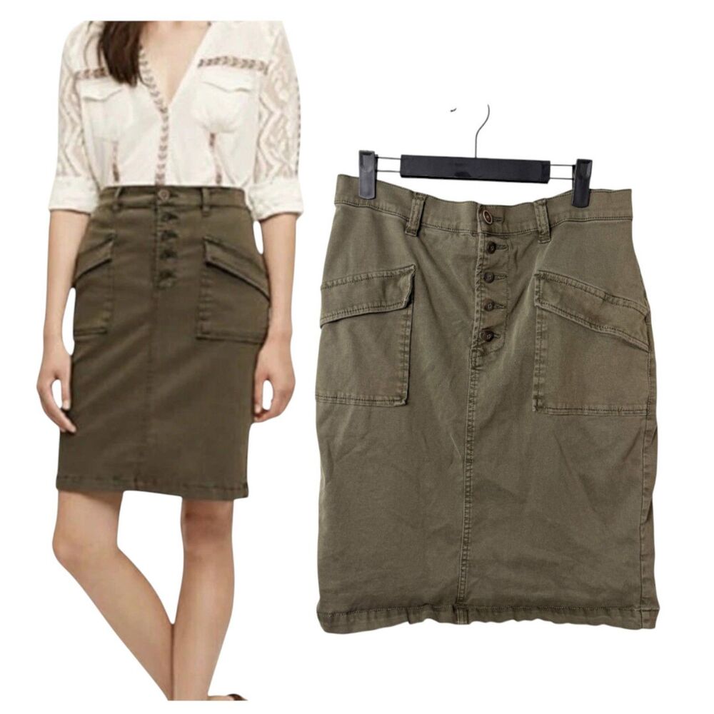Pilcro Anthropologie Green Chino Olive Army Green Button Fly Pencil Skirt Size 0
